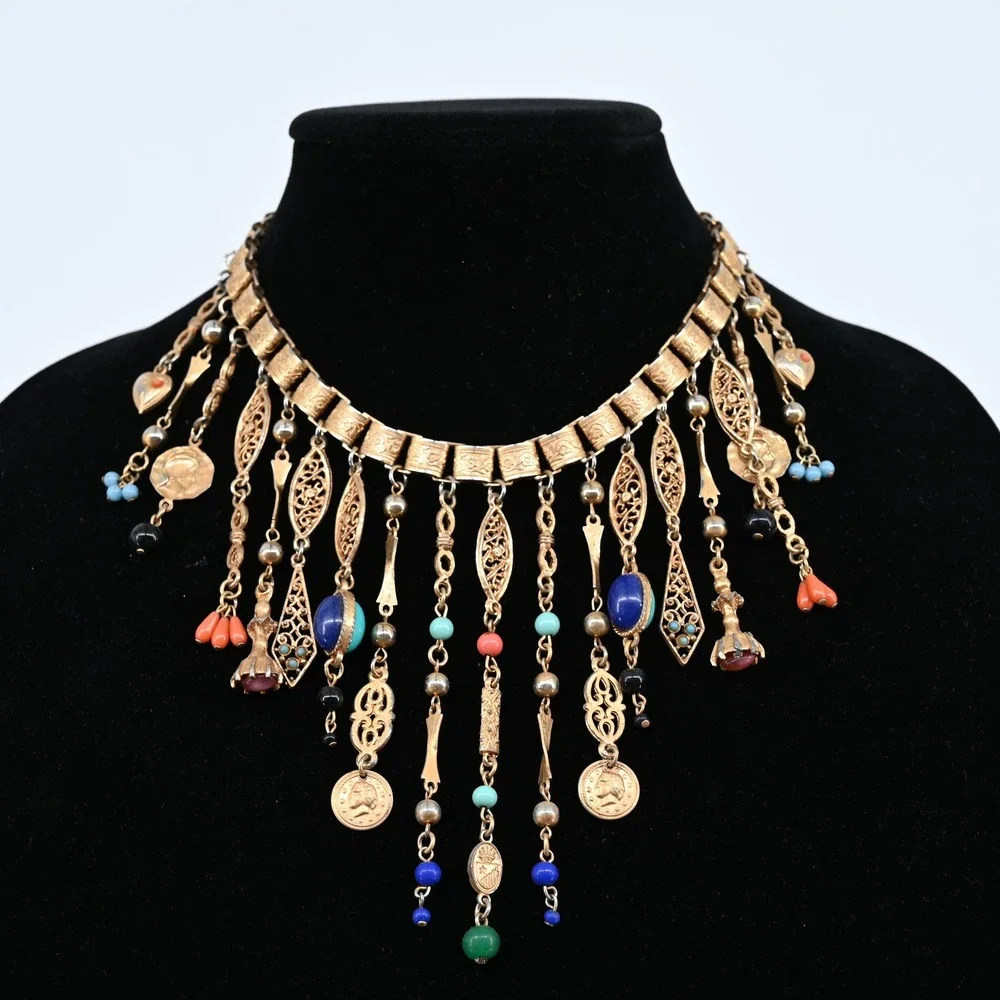 Vintage Gold Tone Victorian Revival Fringe Charm Necklace Lapis Coral Turquoise